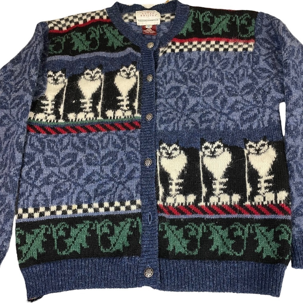 Vintage 90s Susan Bristol Pure Wool Cat Cardigan Sweater Medium - Picture 9 of 13